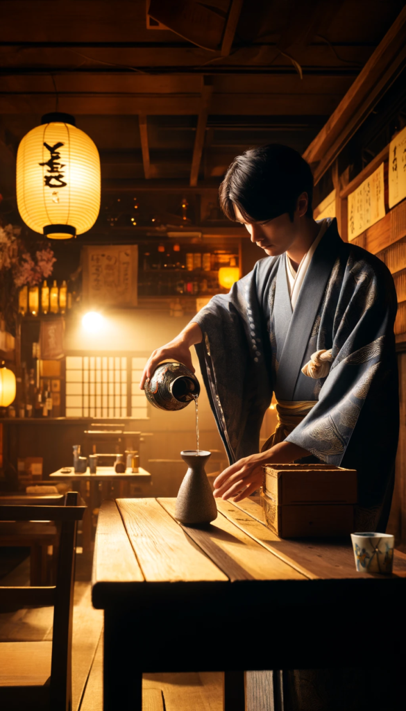 Japonés sirviendo una copa de sake en una taberna tradicional japonesa
