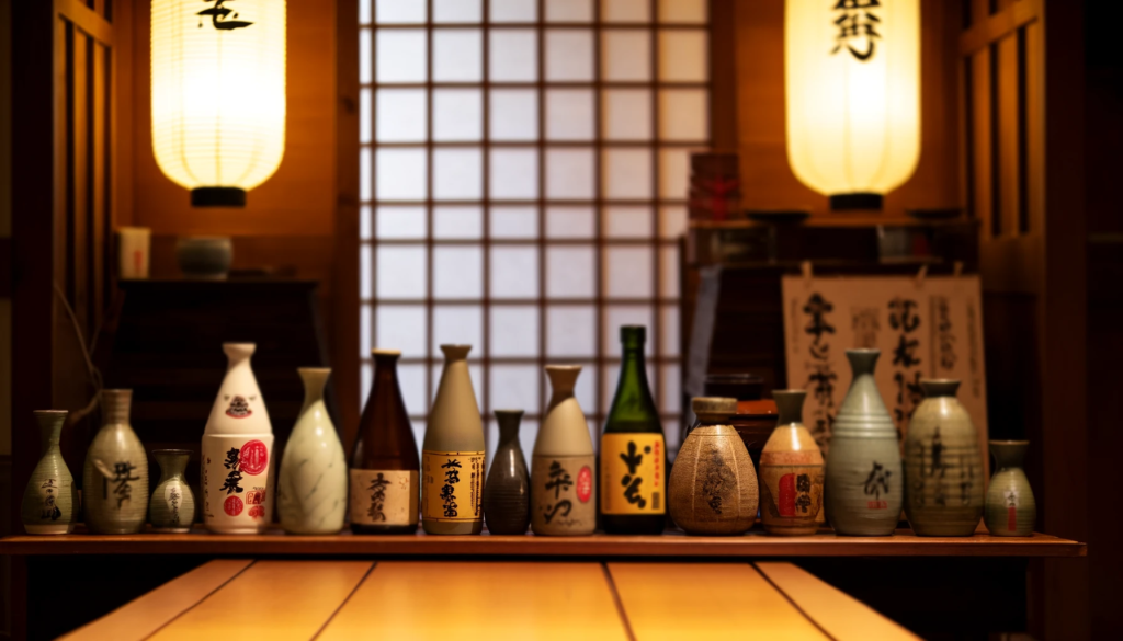 Botellas de Sake Japonés en una taberna japonesa tradicional